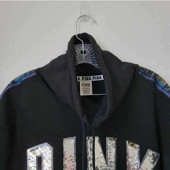 PINK Victoria's Secret Bling Logo Cowl Neck Rainbow Sleeve Sweatshirt Black XS - Picture 6 of 10